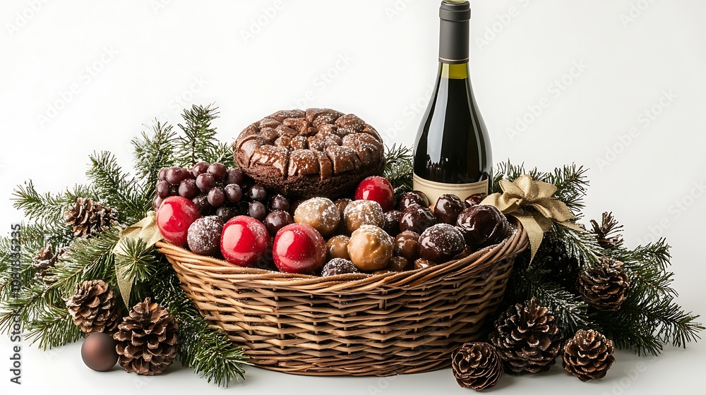 A beautifully arranged holiday gift basket featuring a bottle of wine, a rich fruit cake, and a selection of assorted pralines. A beautifully arranged holiday gift basket featuring a bottle of wine, a rich fruit cake, and a selection of assorted pralines.