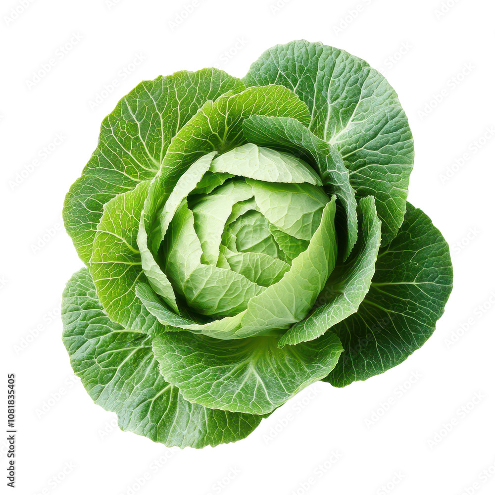 Fototapeta premium Fresh green cabbage head, raw leafy vegetable texture, healthy organic produce for cooking and nutrition design isolated PNG with Transparent Background