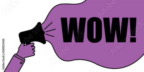 Megaphone with 'Wow!' text in purple speech bubble on white background.