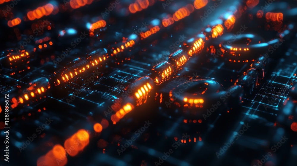 Abstract glowing digital circuit board with orange and blue lights. Abstract glowing digital circuit board with orange and blue lights.