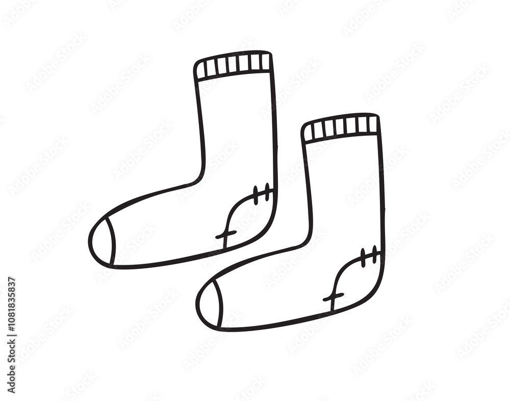 Hand drawn doodle a pair of warm socks icon. Outline isolated classic socks on white background. Hand drawn doodle a pair of warm socks icon. Outline isolated classic socks on white background.