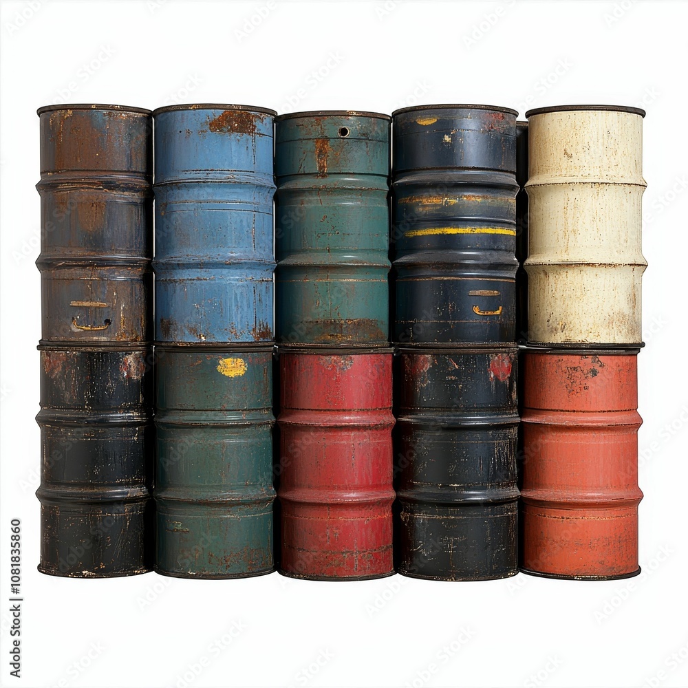 Row of rusty oil drums with various colors. Row of rusty oil drums with various colors.
