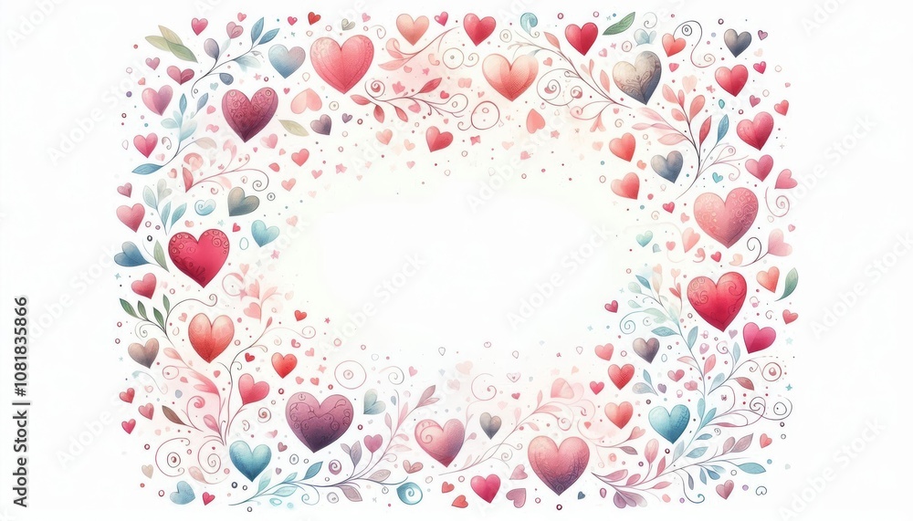 Floral heart frame with swirling vines and leaves on a white background. Valentine's Day card design with copy space Floral heart frame with swirling vines and leaves on a white background. Valentine's Day card design with copy space