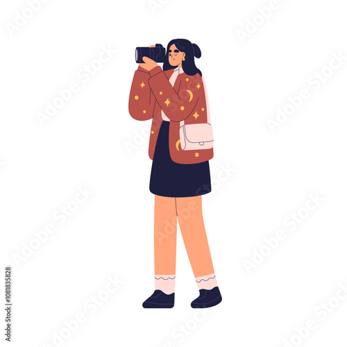 Woman photographer capturing picture outdoors. Female character taking photo with professional cam in hand, photographing. Photography hobby. Flat vector illustration isolated on white background