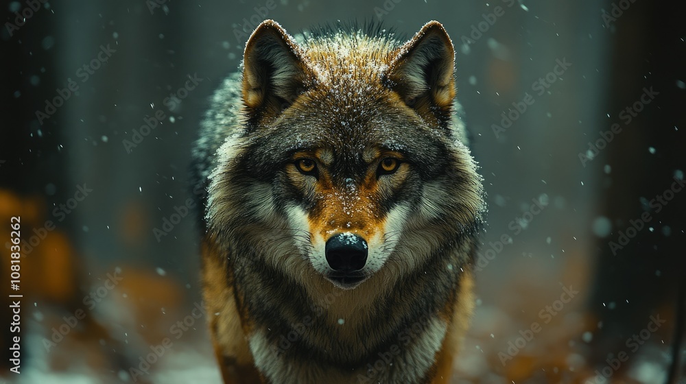 A wolf stands in a snowy forest, looking directly at the camera with a serious expression. A wolf stands in a snowy forest, looking directly at the camera with a serious expression.