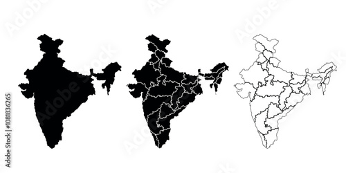 Set of three India map silhouettes in black and outline style with states.