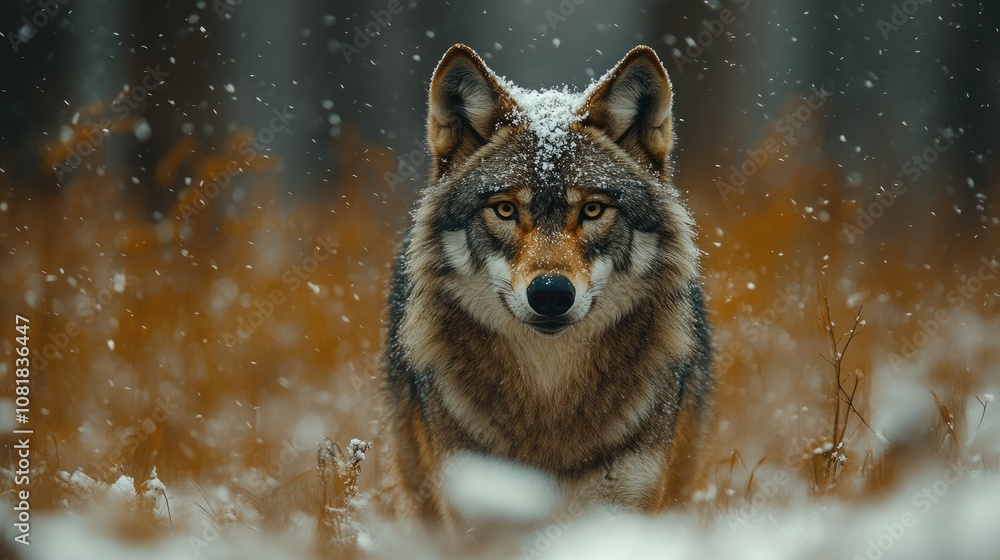 A wolf stands in a snowy forest, looking directly at the camera. A wolf stands in a snowy forest, looking directly at the camera.