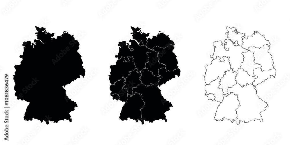 Set of three Germany map silhouettes in black and outline style with states. Set of three Germany map silhouettes in black and outline style with states.