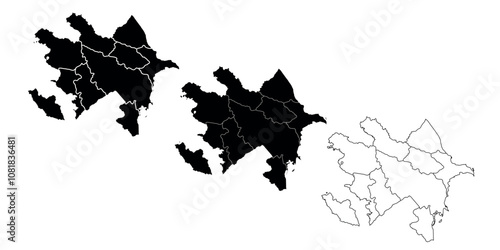 Set of three Azerbaijan map silhouettes in black and outline style with regions.