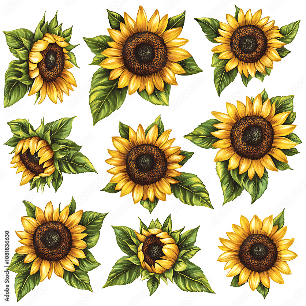 Colorful arrangement of sunflowers with green leaves in a decorative design perfect for floral art and crafts Colorful arrangement of sunflowers with green leaves in a decorative design perfect for floral art and crafts