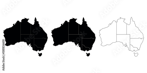 Set of three Australia map silhouettes in black and outline style with states.