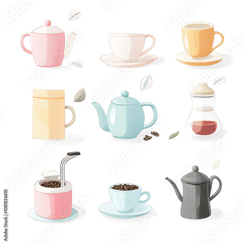 Illustrated collection of different tea and coffee essentials featuring various teapots, cups, and brewing equipment