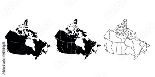 Set of three Canada map silhouettes in black and outline style with provinces and territories.
