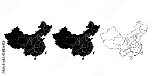 Set of three China map silhouettes in black and outline style with provinces.