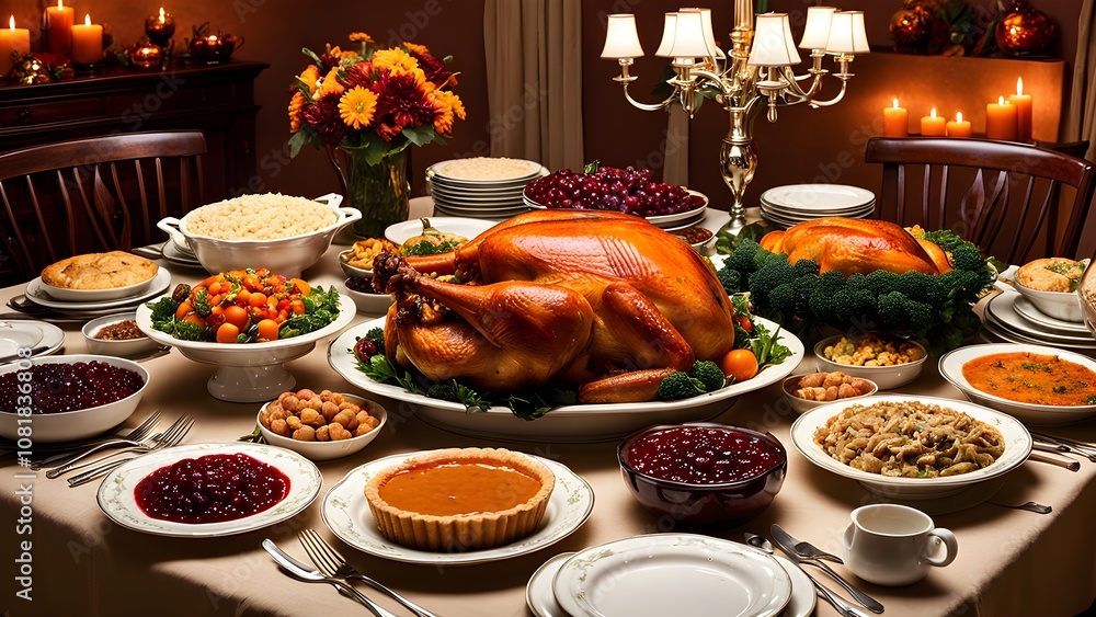 A Thanksgiving feast with a roasted turkey, stuffing, mashed potatoes, gravy, cranberry sauce, pie, and more. A Thanksgiving feast with a roasted turkey, stuffing, mashed potatoes, gravy, cranberry sauce, pie, and more.