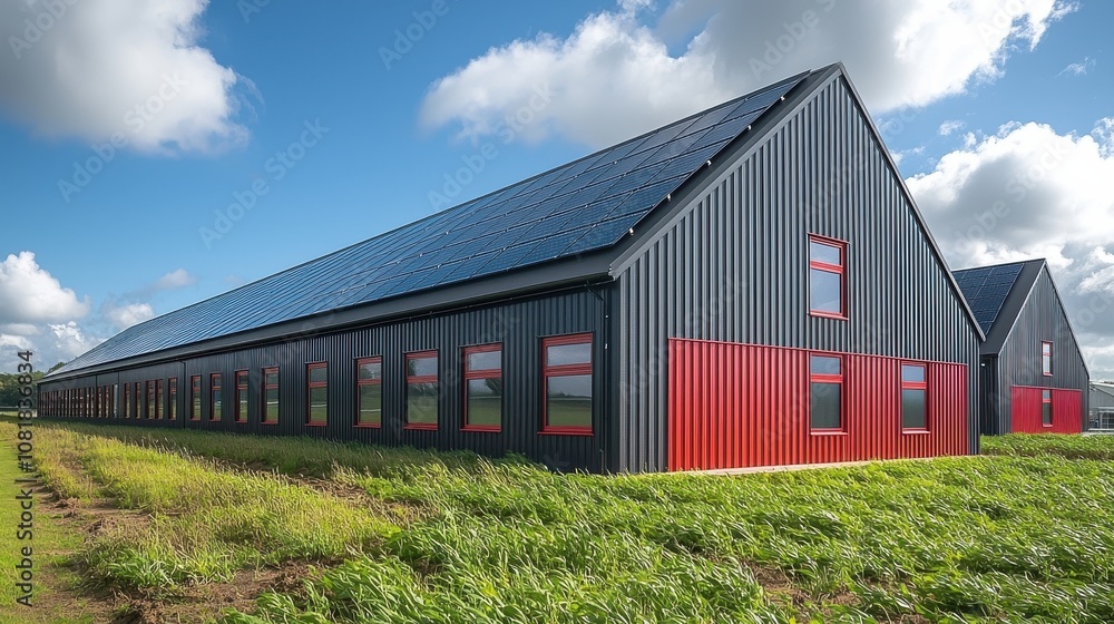 Modern agricultural building with solar panels in a rural landscape under a bright blue sky Modern agricultural building with solar panels in a rural landscape under a bright blue sky