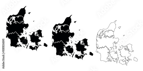 Set of three Denmark map silhouettes in black and outline style with regions.