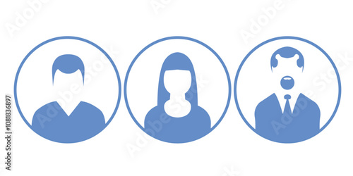 Three user icons in oval frames representing male, female, and customer support profiles.