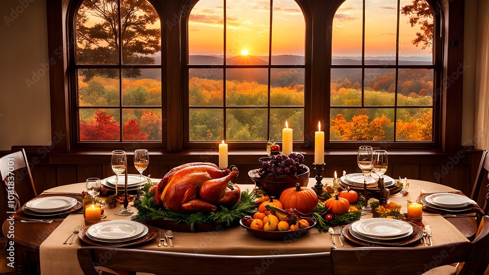 A Thanksgiving table setting with a roasted turkey, candles, and fall foliage seen through a window. A Thanksgiving table setting with a roasted turkey, candles, and fall foliage seen through a window.
