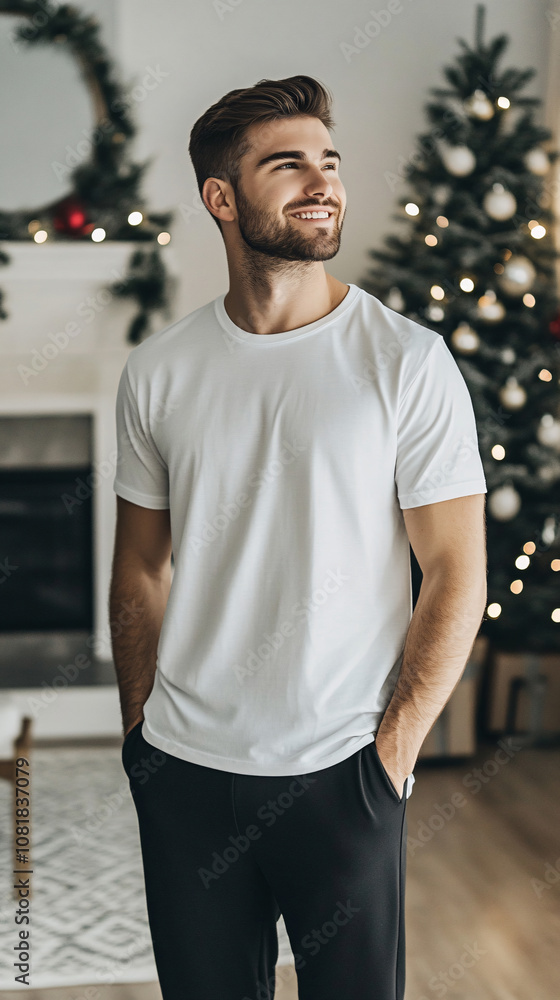 Fototapeta premium White unisex t shirt with a xmas decor on background. Blank Christmas shirt mock up, Blank mock up t-shirt with christmas decorations