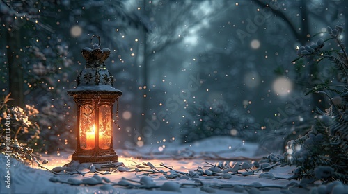 A snowy landscape with a lone glowing lantern in the forest