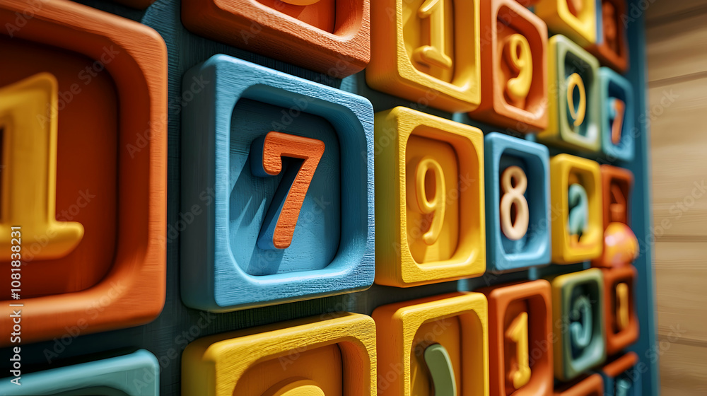 Colorful Wooden Number Blocks on a Wall - 3D Illustration Colorful Wooden Number Blocks on a Wall - 3D Illustration