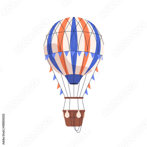 Hot air balloon flying high. Striped aerostat with banners, bags and basket. Aerial transport, airship flight, adventure, travel. Flat vector illustration isolated on white background