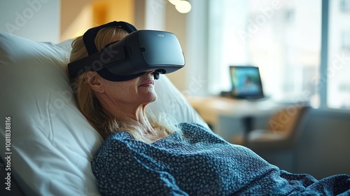 A senior woman wearing a VR headset, lying in a hospital bed, with a laptop in the background.