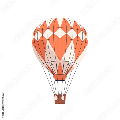 Hot air balloon. Aerostat flying high. Aerial adventure, travel by retro transport with basket, lifting in flight. Airship floating, soaring. Flat vector illustration isolated on white background