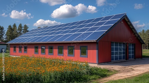 Modern barn with solar panels in a blooming field under a clear sky, showcasing sustainable architecture in a rural setting