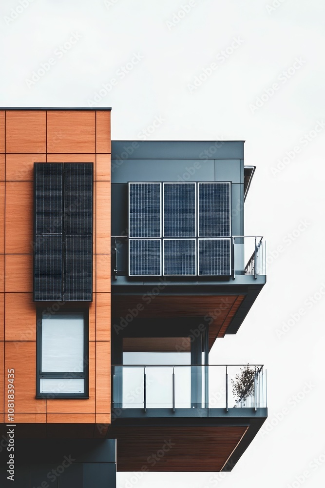 Fototapeta premium Modern building with solar panels and balcony.