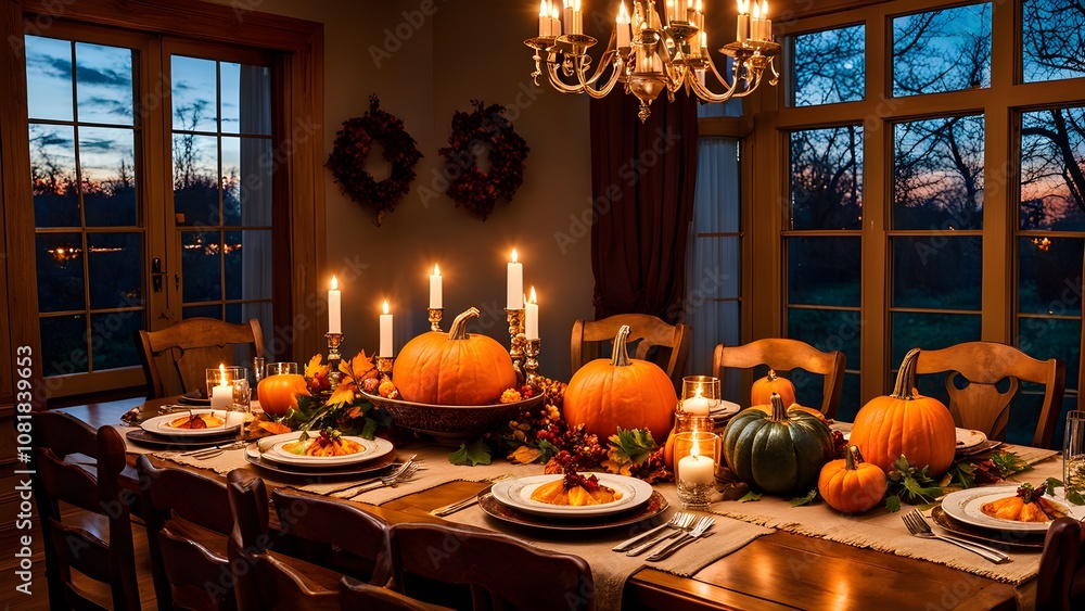 A dining room table set for a festive dinner with pumpkins, candles, and fall decorations. A dining room table set for a festive dinner with pumpkins, candles, and fall decorations.