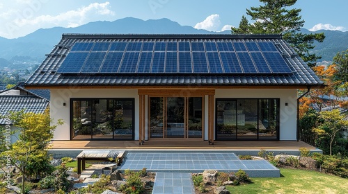 A modern house with solar panels surrounded by scenic mountains and a landscaped garden on a sunny day