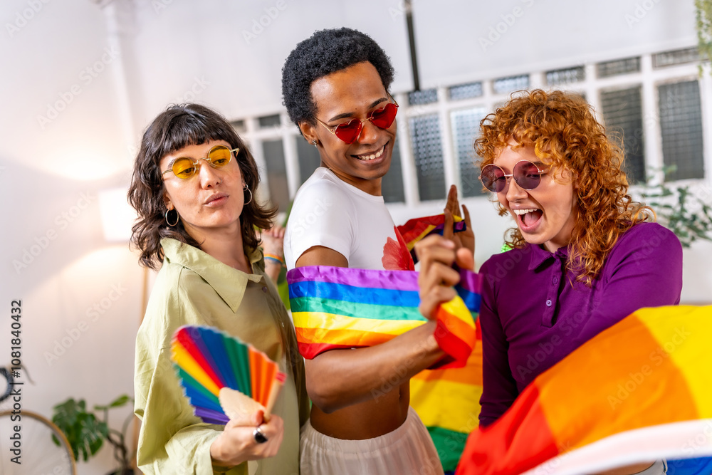 Obraz premium Happy non-binary people dancing with rainbow flag