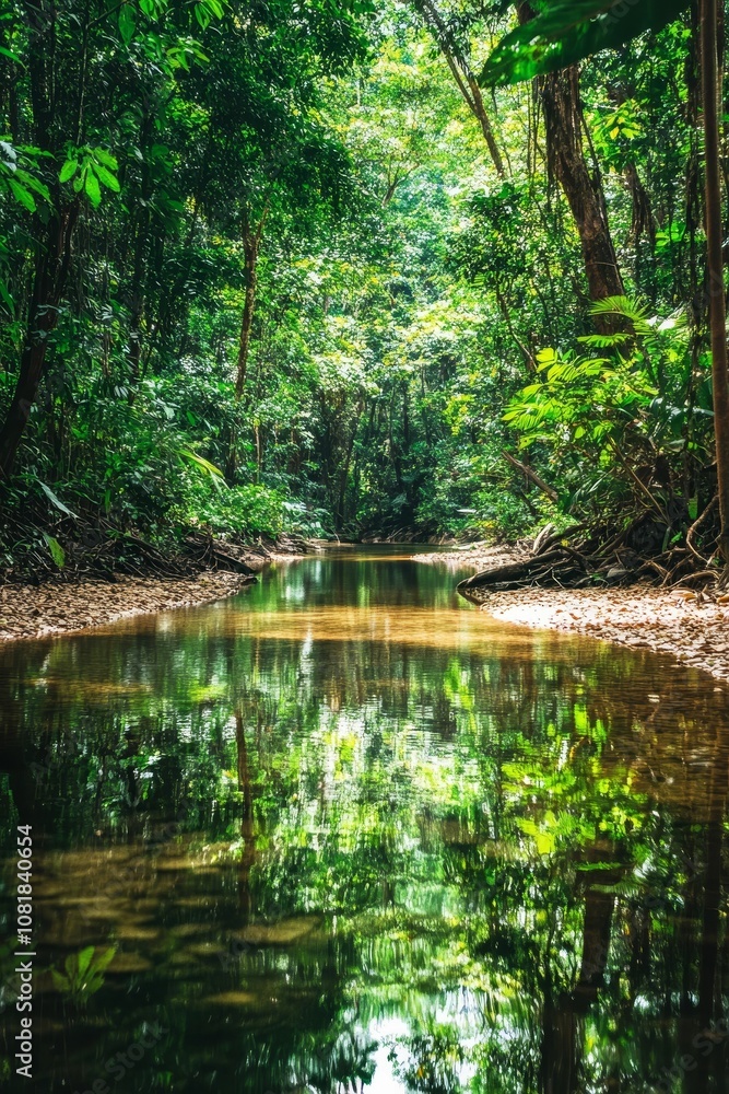 Fototapeta premium Jungle river with lush greenery and reflection.