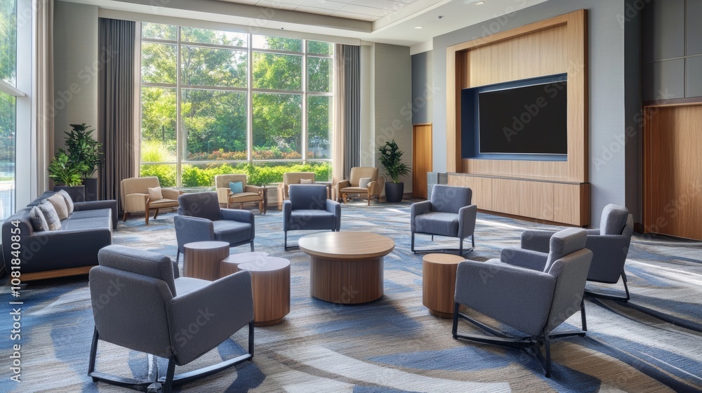 A meeting room with comfortable seating, natural light, and a stylish design, creating a relaxing atmosphere for productive conversations A meeting room with comfortable seating, natural light, and a stylish design, creating a relaxing atmosphere for productive conversations