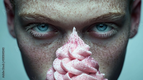 A captivating image featuring a piercing gaze from vibrant blue eyes fixated over an intricately crafted swirl of pink dessert against a pale background. photo