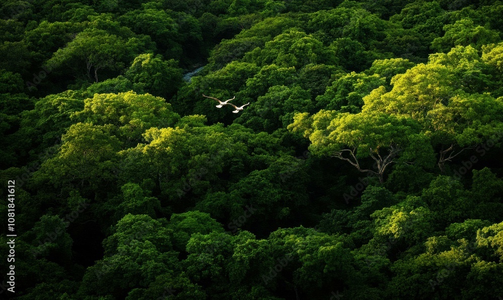Birds fly over a lush green forest canopy. AI. Birds fly over a lush green forest canopy. AI.