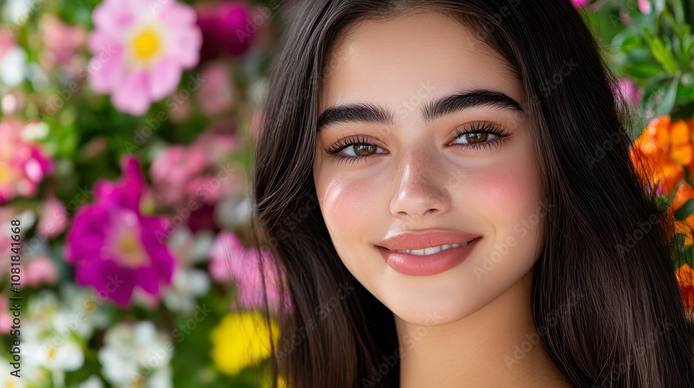 Smiling Model Among Colorful Flowers in Natural Setting Smiling Model Among Colorful Flowers in Natural Setting