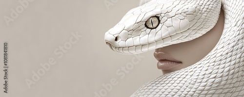 Eye-level view of a woman head with a white snake elegantly coiling around it, focusing on the luxurious texture of the snake scales, generative AI.