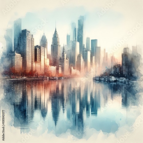 Watercolor Cityscape Reflection – A city reflected in water bl