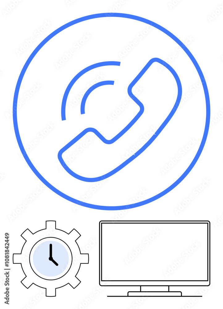 Telephone receiver icon with communication waves, gear with clock, and computer monitor. Ideal for tech, communication, business, customer support, time management digital tools remote work. Line Telephone receiver icon with communication waves, gear with clock, and computer monitor. Ideal for tech, communication, business, customer support, time management digital tools remote work. Line