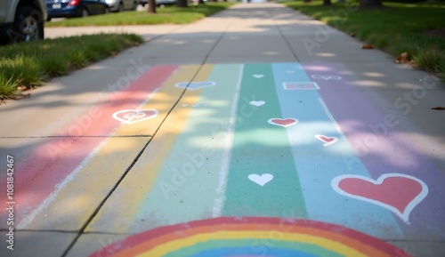 The colorfully painted sidewalk with hearts and symbols creates a romantic mood photo