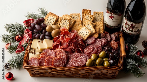 A Christmas gift basket with wine, gourmet charcuterie, artisan crackers, and olives, arranged on a white background. The basket is accented with seasonal ribbons and small festive ornaments.