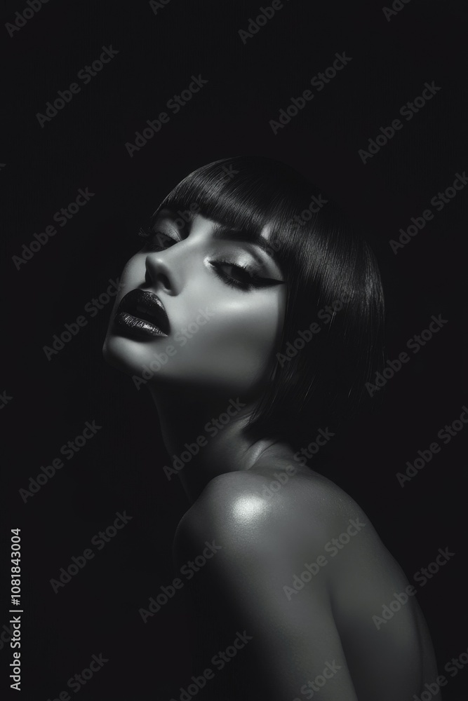 A pale skinned model with bold make-up, chin length haircut, in dark studio. smokey make-up. Fashion. Hairstyle. Cosmetics. Style. Black and white.
A pale skinned model with bold make-up, chin length haircut, in dark studio. smokey make-up. Fashion. Hairstyle. Cosmetics. Style. Black and white.