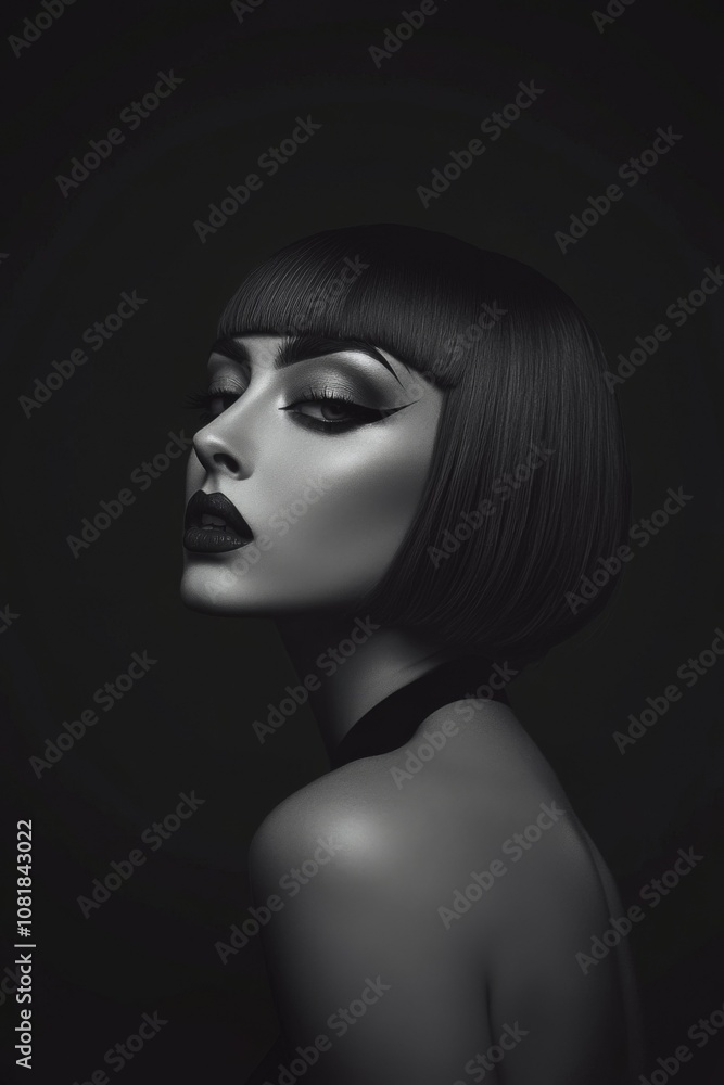 Fototapeta premium A pale skinned model with bold make-up, chin length haircut, in dark studio. smokey make-up. Fashion. Hairstyle. Cosmetics. Style. Black and white. 