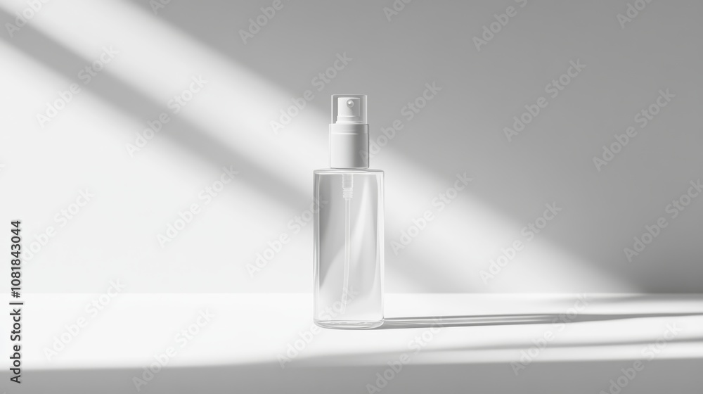 A minimalist beauty product presentation featuring a clear cosmetic bottle with sleek packaging on a white background, perfect for a product mockup A minimalist beauty product presentation featuring a clear cosmetic bottle with sleek packaging on a white background, perfect for a product mockup