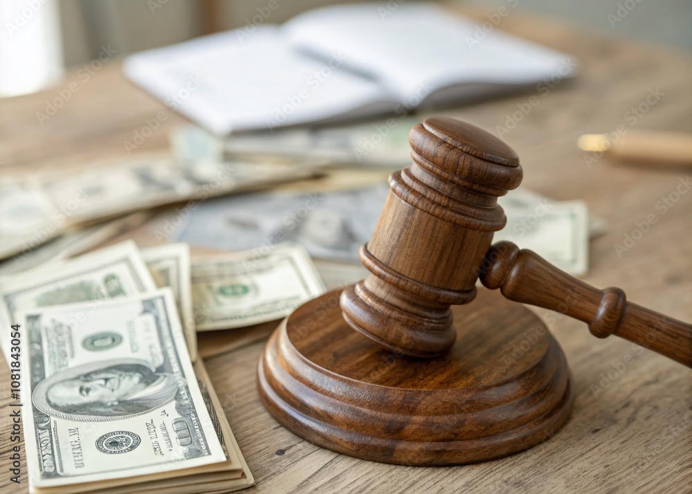 Close-Up Gavel with Dollar Bills in Soft Focus, Symbolizing Justice and Financial Transactions in a Legal Context, Perfect for Law and Finance Themes in Stock Imagery Close-Up Gavel with Dollar Bills in Soft Focus, Symbolizing Justice and Financial Transactions in a Legal Context, Perfect for Law and Finance Themes in Stock Imagery