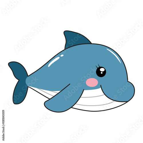 A cute blue cartoon dolphin with big shiny eyes, rosy cheeks, and a friendly smile. It has a simple, kawaii style with a glossy highlight on its body.