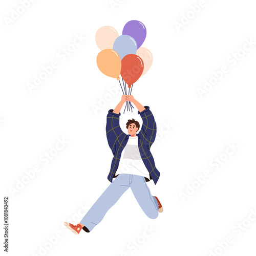 Happy man flying with air ballons high, holding helium baloons in hand, lifte...